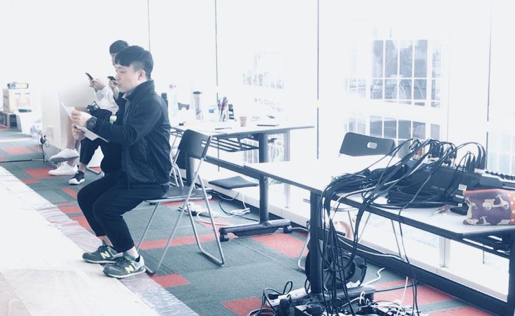 0 in the rehearsal room with oliver chong and the cast of citizen dog 5